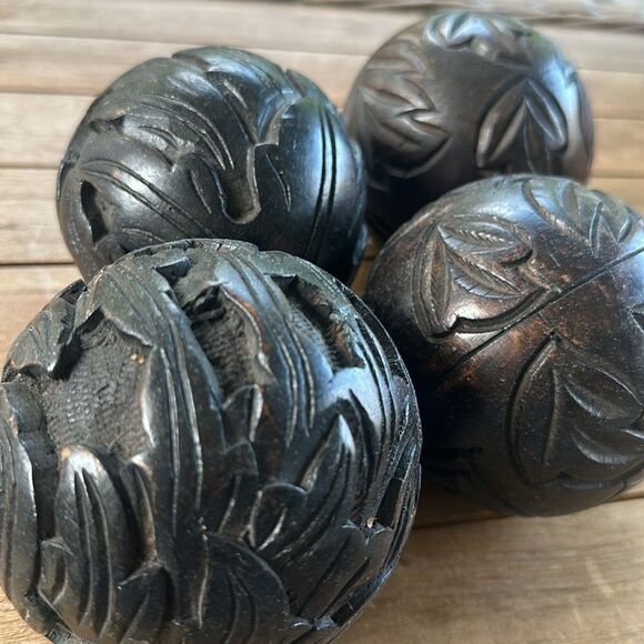 Pier 1 Wooden Hand Carved Set of 4 Decorative Balls - Picture 2 of 3